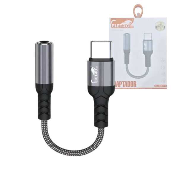 Adaptador USB tipo C para Fone de Ouvido Fêmea P2 de 3,5 mm Cabo Nylon Eletromex EL-3118-TY