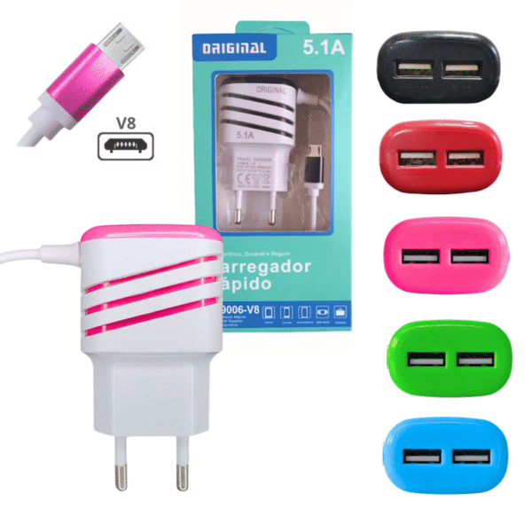 -- Carregador Completo V8 com 02 Portas USB 5.1A Cabo Fixo Altomex AL-9006-V8