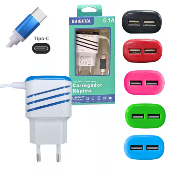 -- Carregador Completo TIPO-C com 02 Portas USB 5.1A Cabo Fixo Altomex AL-9006-TY