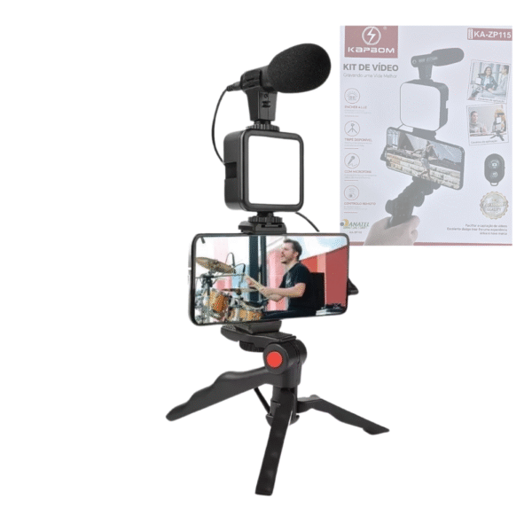 Suporte para Celular com Tripé Luz LED para Streaming Podcast Self com Microfone Kapbom KA-5673 / KA-ZP115